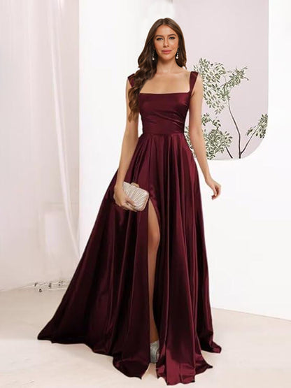 A-Line Square Neck Split Side Floor Length Bridesmaid Dresses