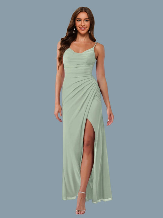 Sheath/Column Cowl Neck Straps Split Side Chiffon Bridesmaid Dresses