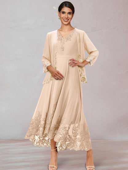 Chiffon V-Neck 3/4 Sleeves Mother of the Bride Dresses With Appliques