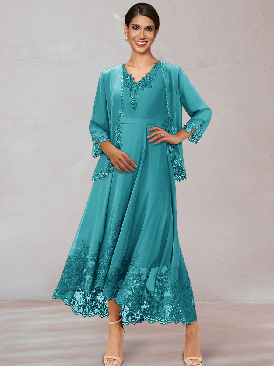 Chiffon V-Neck 3/4 Sleeves Mother of the Bride Dresses With Appliques