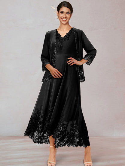 Chiffon V-Neck 3/4 Sleeves Mother of the Bride Dresses With Appliques