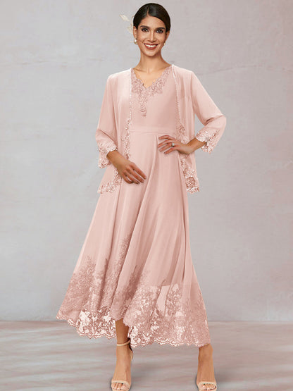 Chiffon V-Neck 3/4 Sleeves Mother of the Bride Dresses With Appliques