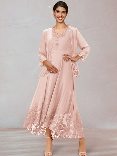 Chiffon V-Neck 3/4 Sleeves Ankle-Length Long Evening Dress With Appliques