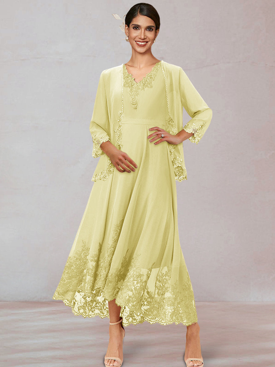 Chiffon V-Neck 3/4 Sleeves Mother of the Bride Dresses With Appliques