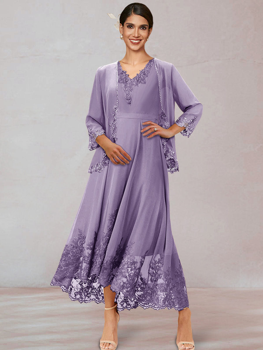 Chiffon V-Neck 3/4 Sleeves Mother of the Bride Dresses With Appliques