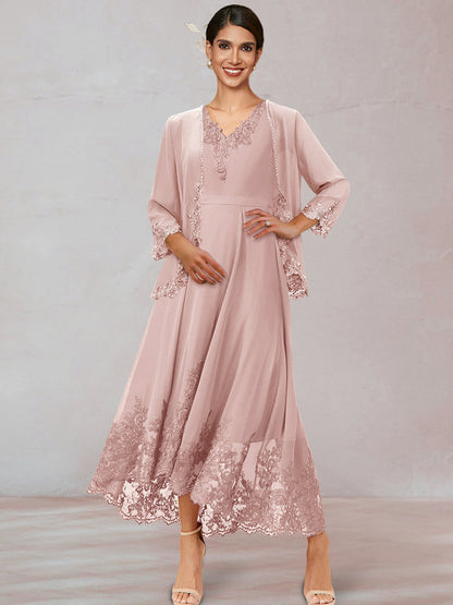 Chiffon V-Neck 3/4 Sleeves Mother of the Bride Dresses With Appliques