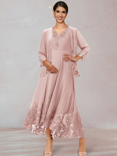 Chiffon V-Neck 3/4 Sleeves Ankle-Length Long Evening Dress With Appliques