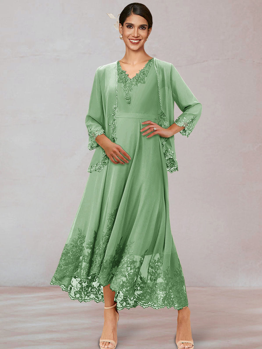 Chiffon V-Neck 3/4 Sleeves Mother of the Bride Dresses With Appliques