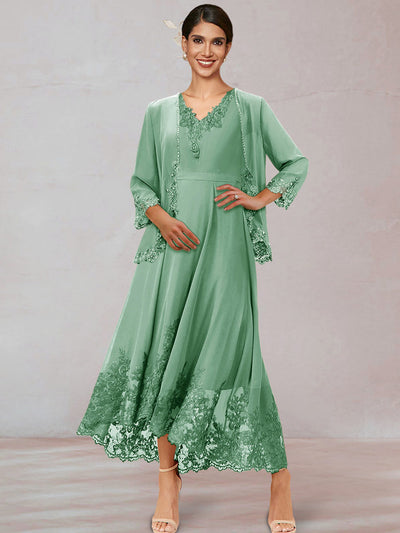 Chiffon V-Neck 3/4 Sleeves Ankle-Length Long Evening Dress With Appliques