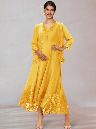 Chiffon V-Neck 3/4 Sleeves Ankle-Length Long Evening Dress With Appliques