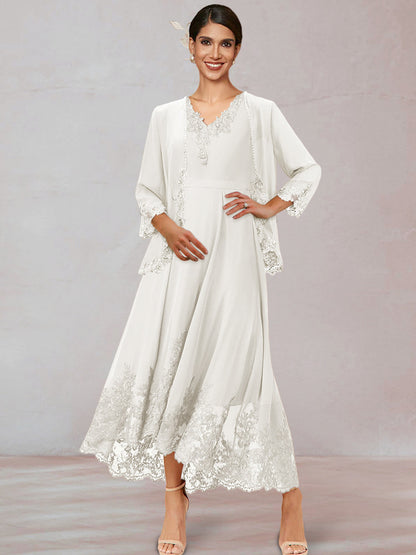 Chiffon V-Neck 3/4 Sleeves Mother of the Bride Dresses With Appliques