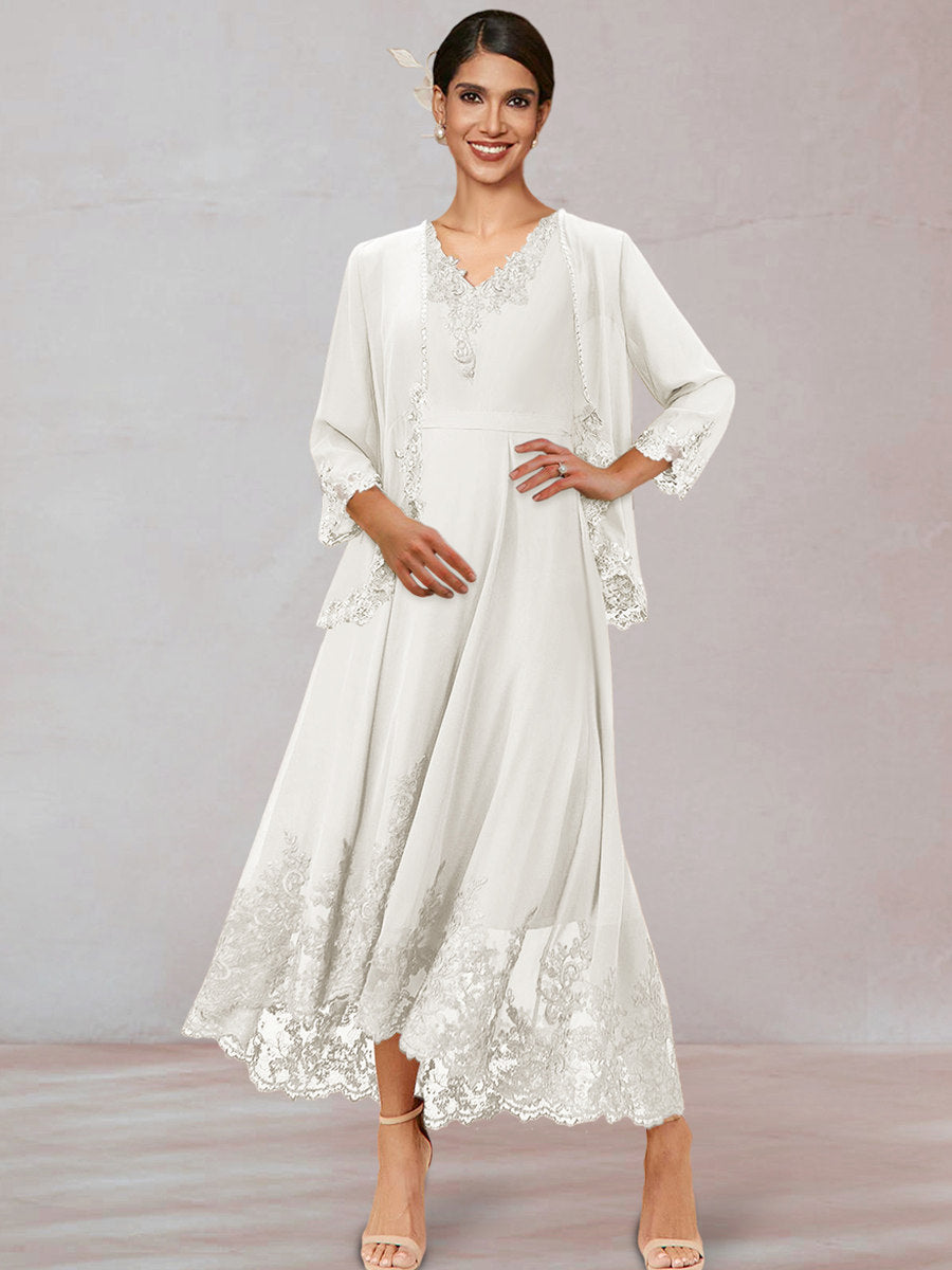 Chiffon V-Neck 3/4 Sleeves Ankle-Length Long Evening Dress With Appliques