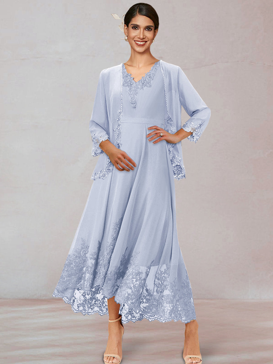 Chiffon V-Neck 3/4 Sleeves Ankle-Length Long Evening Dress With Appliques