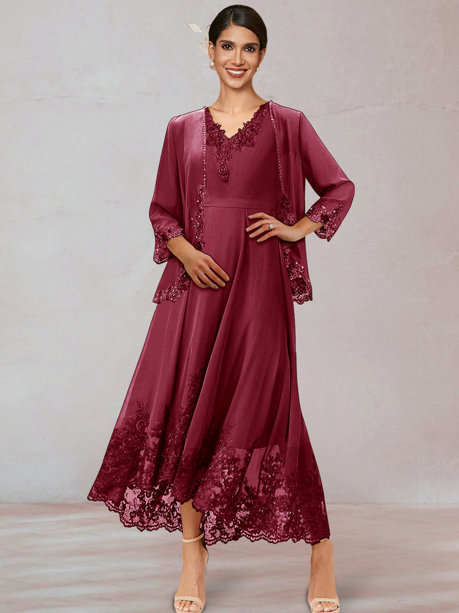 Chiffon V-Neck 3/4 Sleeves Mother of the Bride Dresses With Appliques