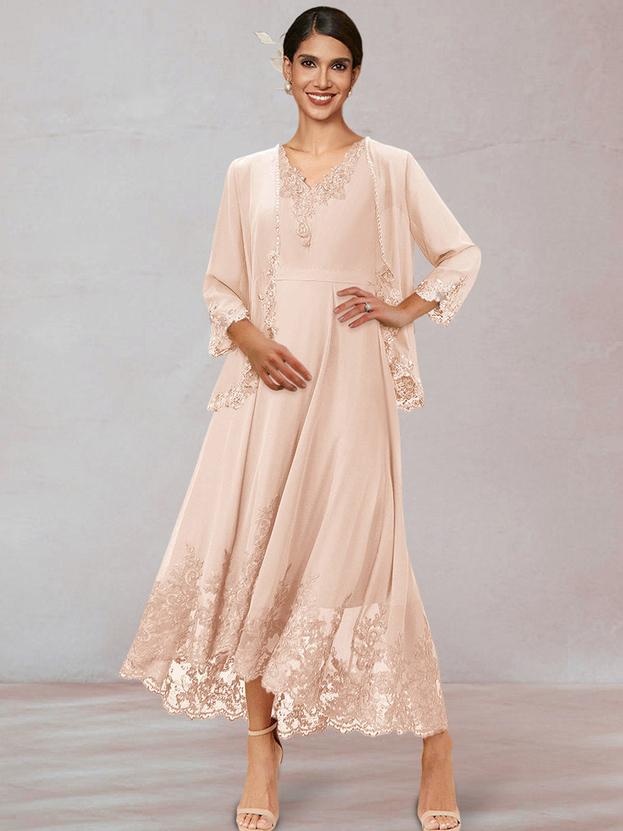 Chiffon V-Neck 3/4 Sleeves Ankle-Length Long Evening Dress With Appliques