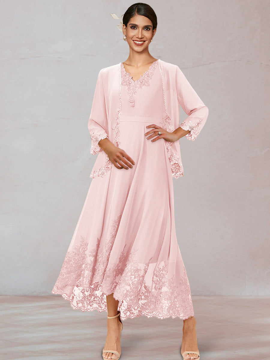 Chiffon V-Neck 3/4 Sleeves Ankle-Length Long Evening Dress With Appliques