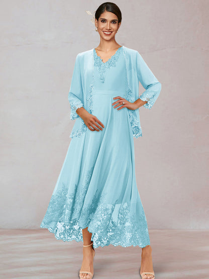 Chiffon V-Neck 3/4 Sleeves Mother of the Bride Dresses With Appliques