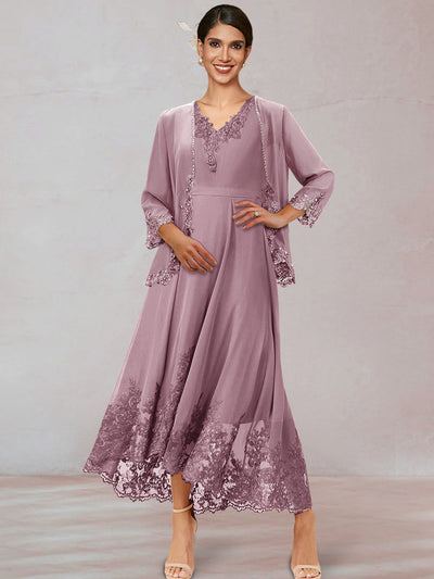 Chiffon V-Neck 3/4 Sleeves Ankle-Length Long Evening Dress With Appliques