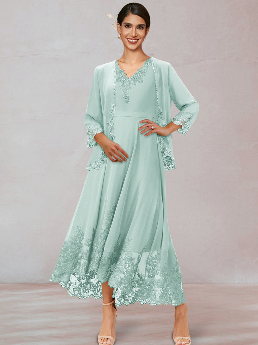 Chiffon V-Neck 3/4 Sleeves Mother of the Bride Dresses With Appliques