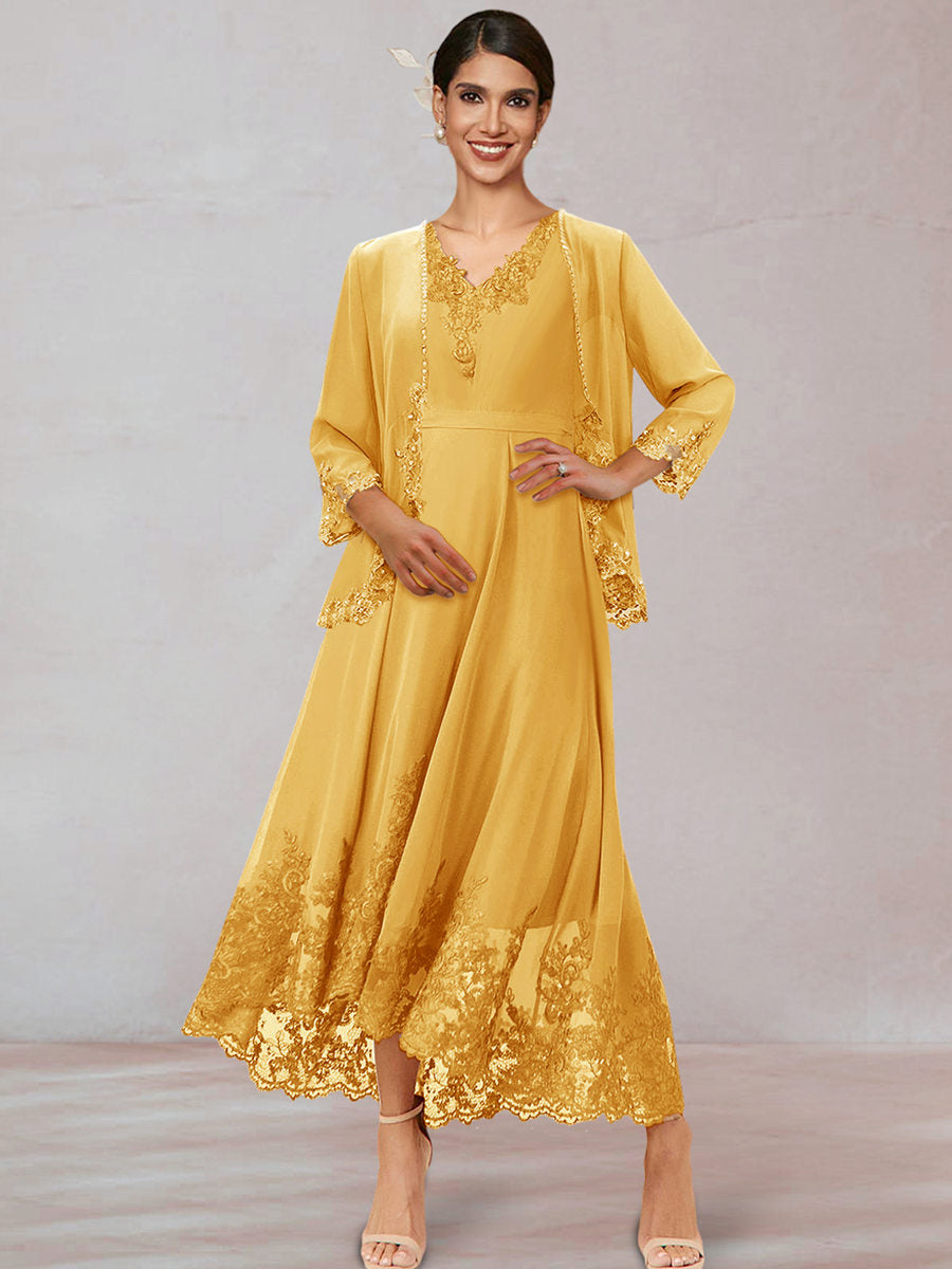 Chiffon V-Neck 3/4 Sleeves Mother of the Bride Dresses With Appliques