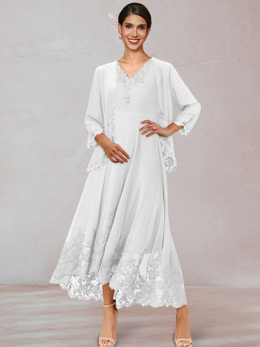 Chiffon V-Neck 3/4 Sleeves Mother of the Bride Dresses With Appliques