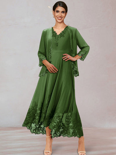 Chiffon V-Neck 3/4 Sleeves Ankle-Length Long Evening Dress With Appliques