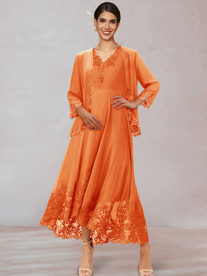 Chiffon V-Neck 3/4 Sleeves Mother of the Bride Dresses With Appliques