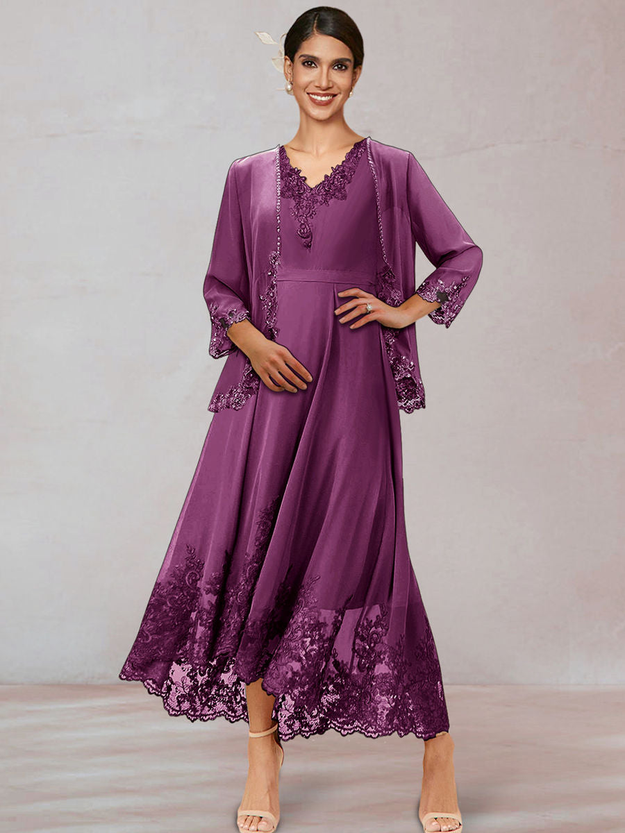 Chiffon V-Neck 3/4 Sleeves Mother of the Bride Dresses With Appliques