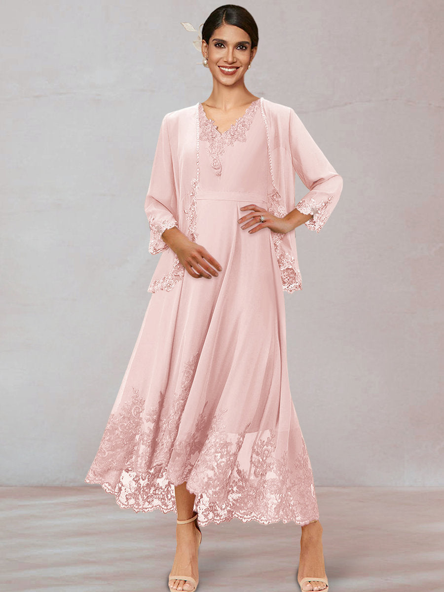 Chiffon V-Neck 3/4 Sleeves Mother of the Bride Dresses With Appliques