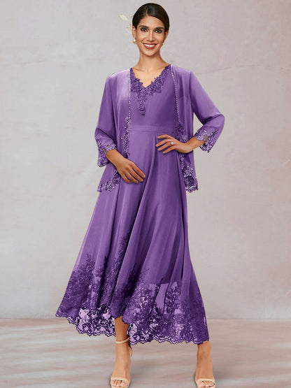 Chiffon V-Neck 3/4 Sleeves Mother of the Bride Dresses With Appliques