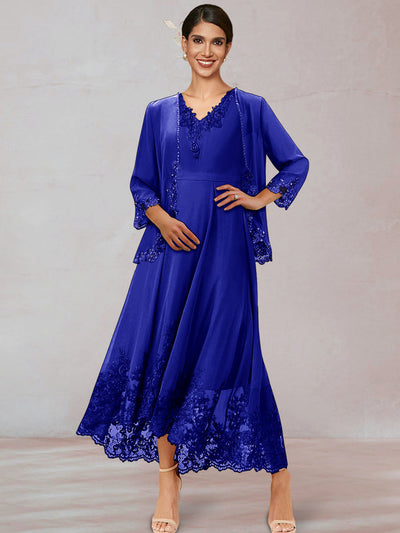 Chiffon V-Neck 3/4 Sleeves Ankle-Length Long Evening Dress With Appliques