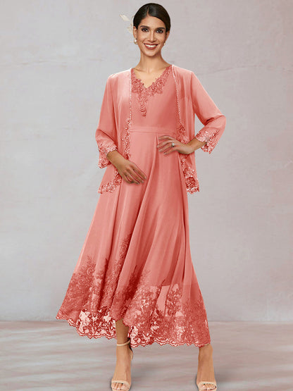 Chiffon V-Neck 3/4 Sleeves Mother of the Bride Dresses With Appliques