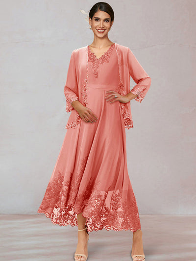 Chiffon V-Neck 3/4 Sleeves Ankle-Length Long Evening Dress With Appliques