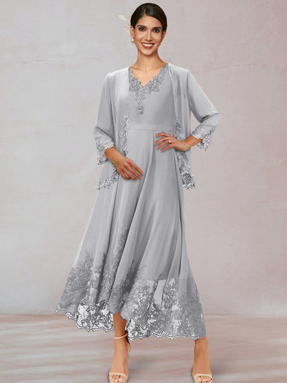 Chiffon V-Neck 3/4 Sleeves Mother of the Bride Dresses With Appliques