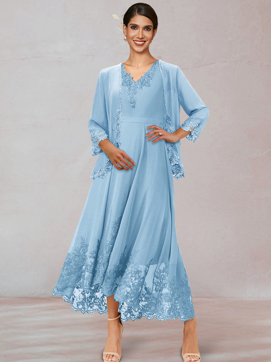 Chiffon V-Neck 3/4 Sleeves Ankle-Length Long Evening Dress With Appliques