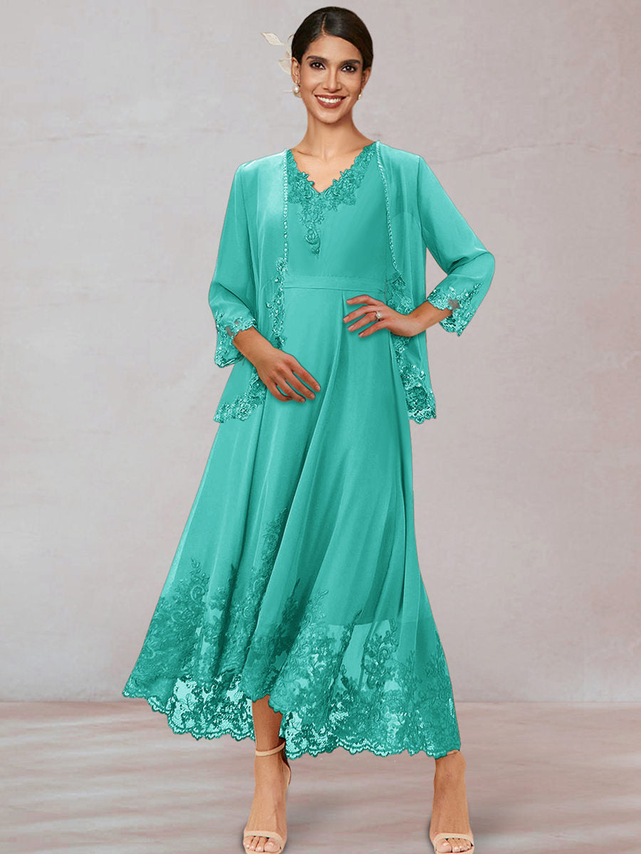 Chiffon V-Neck 3/4 Sleeves Ankle-Length Long Evening Dress With Appliques