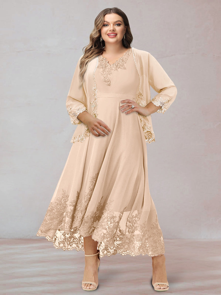 Chiffon V-Neck 3/4 Sleeves Plus Size Mother of the Bride Dresses with Appliques