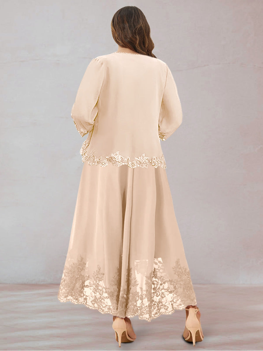 Chiffon V-Neck 3/4 Sleeves Plus Size Mother of the Bride Dresses with Appliques