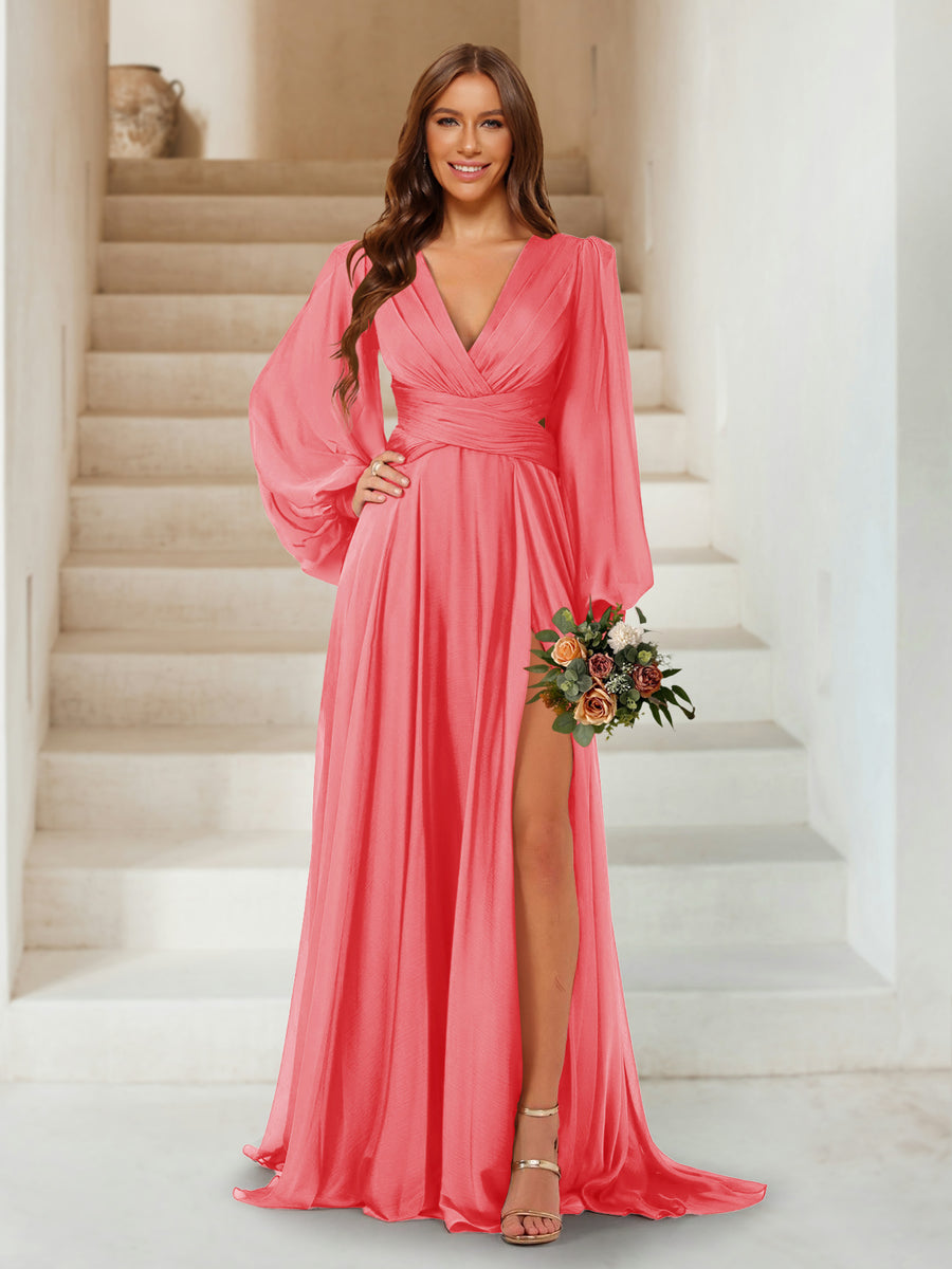 A-Line/Princess V-Neck Long Sleeves Floor Length Bridesmaid Dresses with Split Side