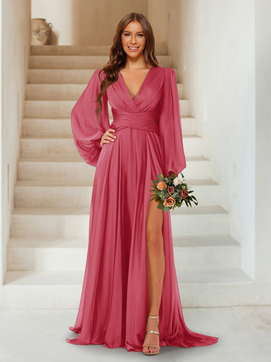 A-Line/Princess V-Neck Long Sleeves Floor Length Bridesmaid Dresses with Split Side