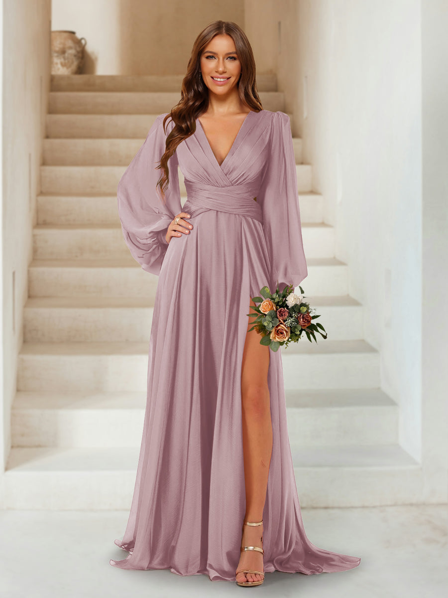 A-Line/Princess V-Neck Long Sleeves Floor Length Bridesmaid Dresses with Split Side