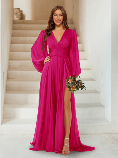 A-Line/Princess V-Neck Long Sleeves Floor Length Bridesmaid Dresses with Split Side