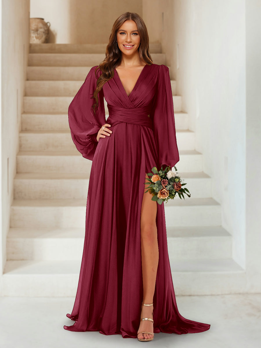 A-Line/Princess V-Neck Long Sleeves Floor Length Bridesmaid Dresses with Split Side