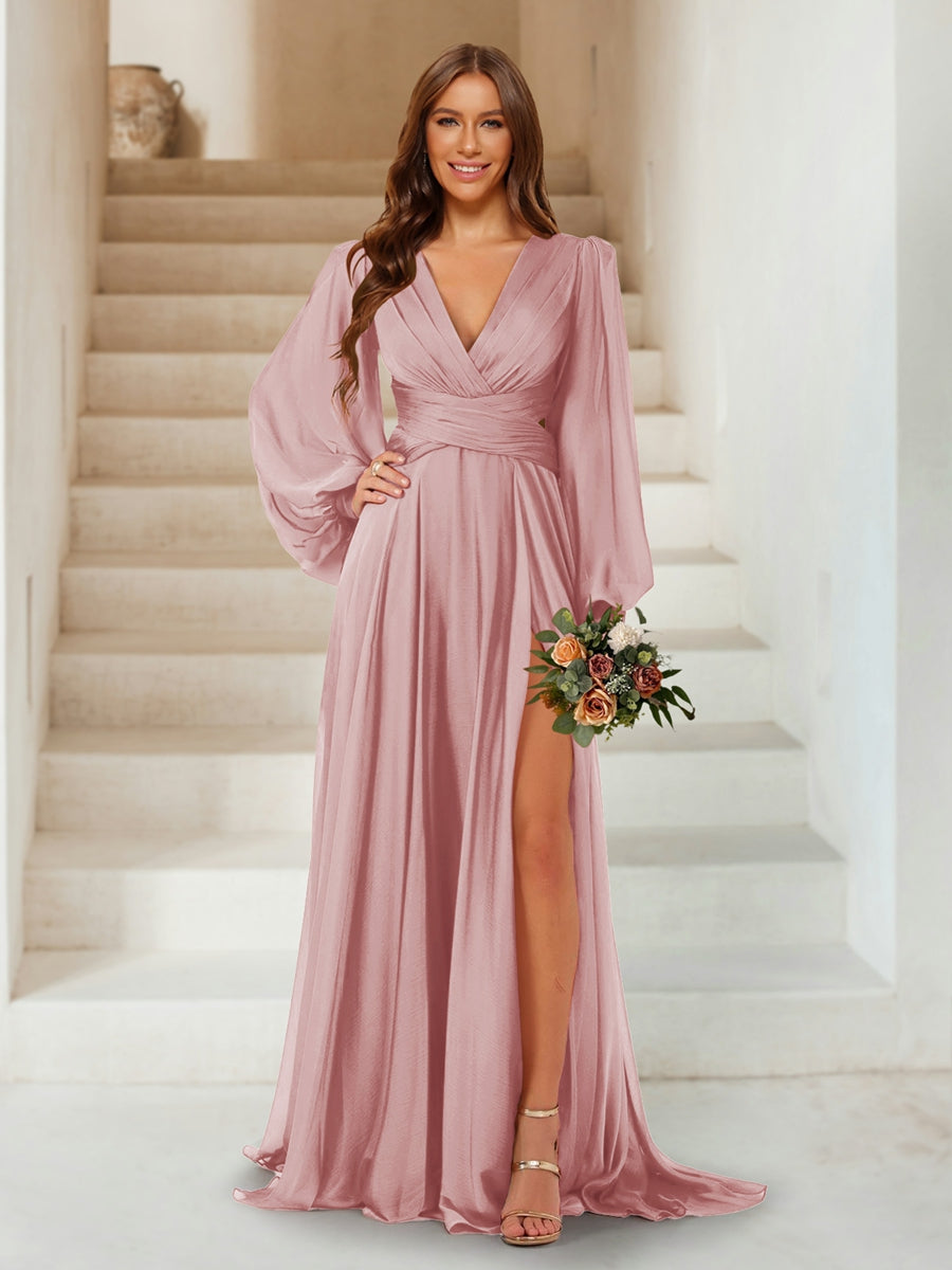 A-Line/Princess V-Neck Long Sleeves Floor Length Bridesmaid Dresses with Split Side