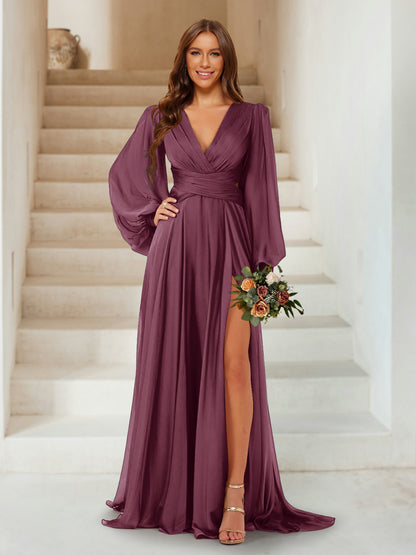 A-Line/Princess V-Neck Long Sleeves Floor Length Bridesmaid Dresses with Split Side