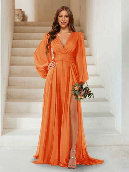 A-Line/Princess V-Neck Long Sleeves Floor Length Bridesmaid Dresses with Split Side