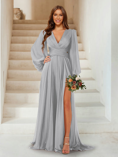 A-Line/Princess V-Neck Long Sleeves Floor Length Bridesmaid Dresses with Split Side