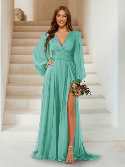 A-Line/Princess V-Neck Long Sleeves Floor Length Bridesmaid Dresses with Split Side