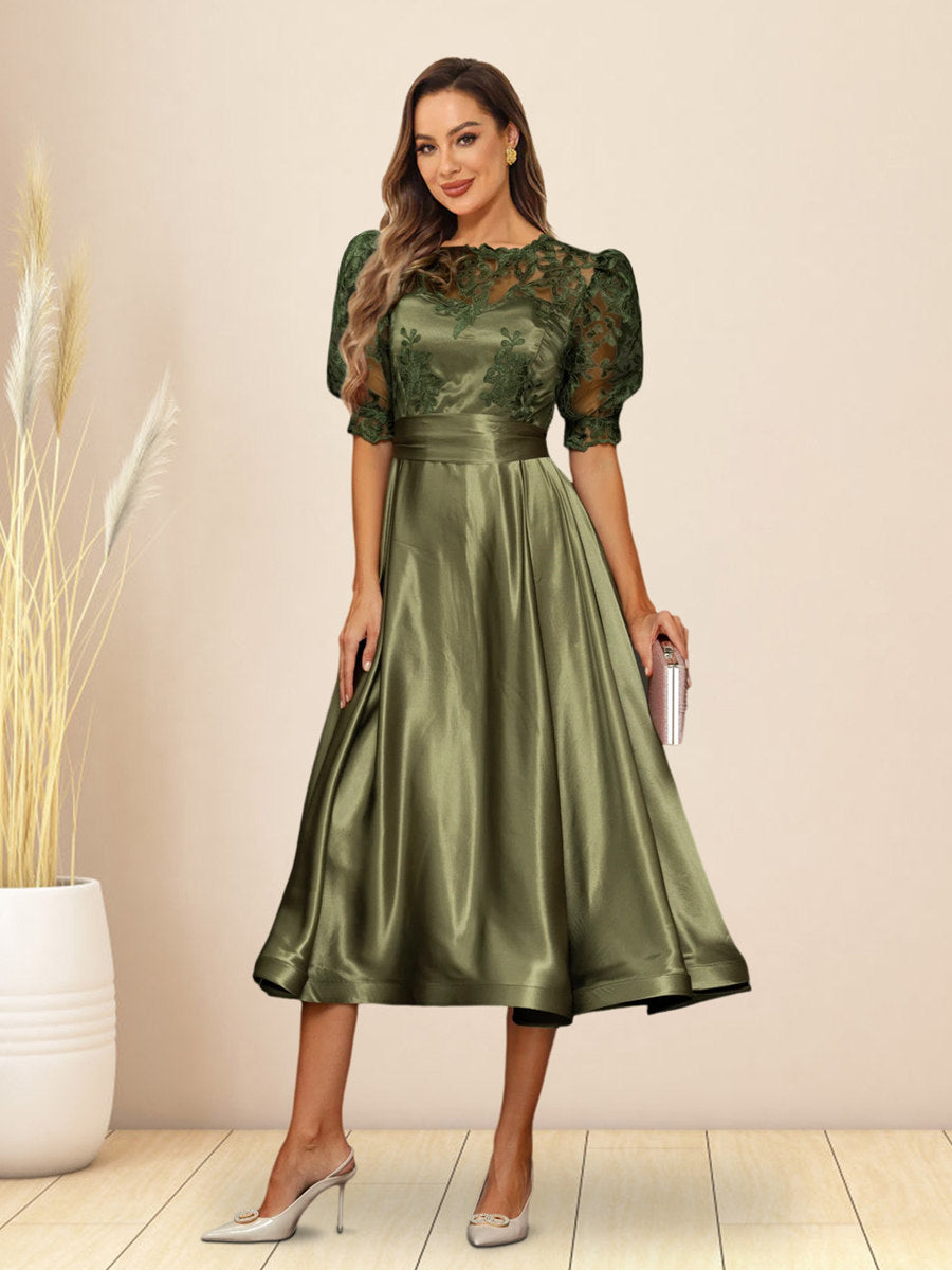 A-Line/Princess V-Neck Puffy Sleeves Tea-Length Evening Dresses