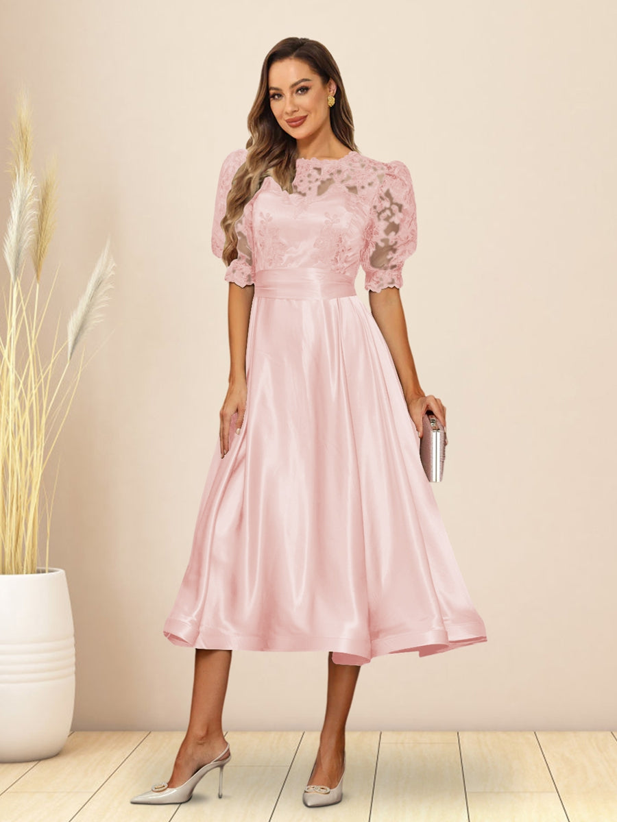 A-Line/Princess V-Neck Puffy Sleeves Tea-Length Evening Dresses